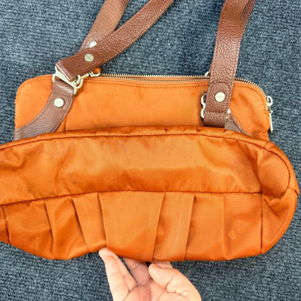 Baggallini Y2K Burnt Orange Nylon Hobo Bag Brown Leather Trim Pleated ManyPocket